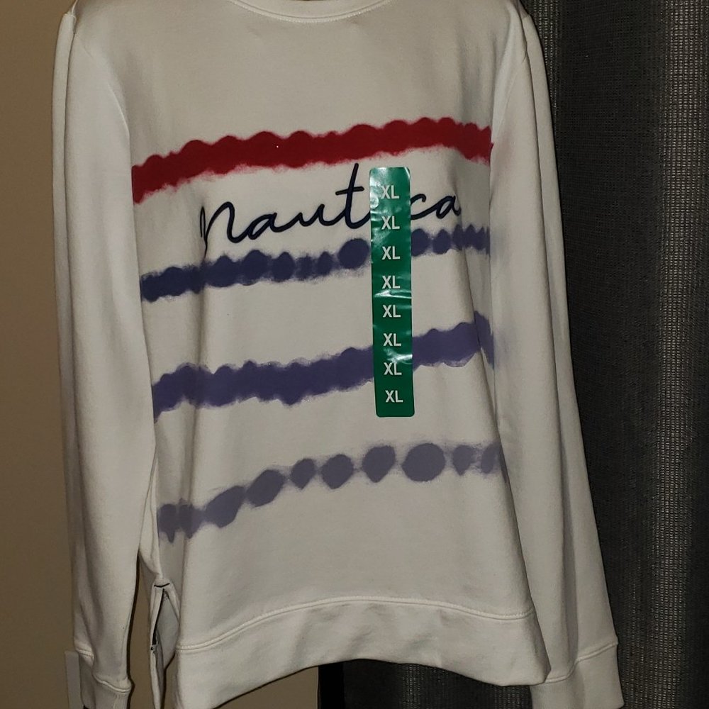 Nautica Long Sleeve Sweatshirt White, Red, and Shades of Blue Design Si…